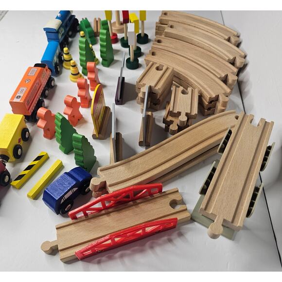 Lot of 63 Pieces Wooden Train Set Track Accessories People Signs Trees Gift - Picture 7 of 11